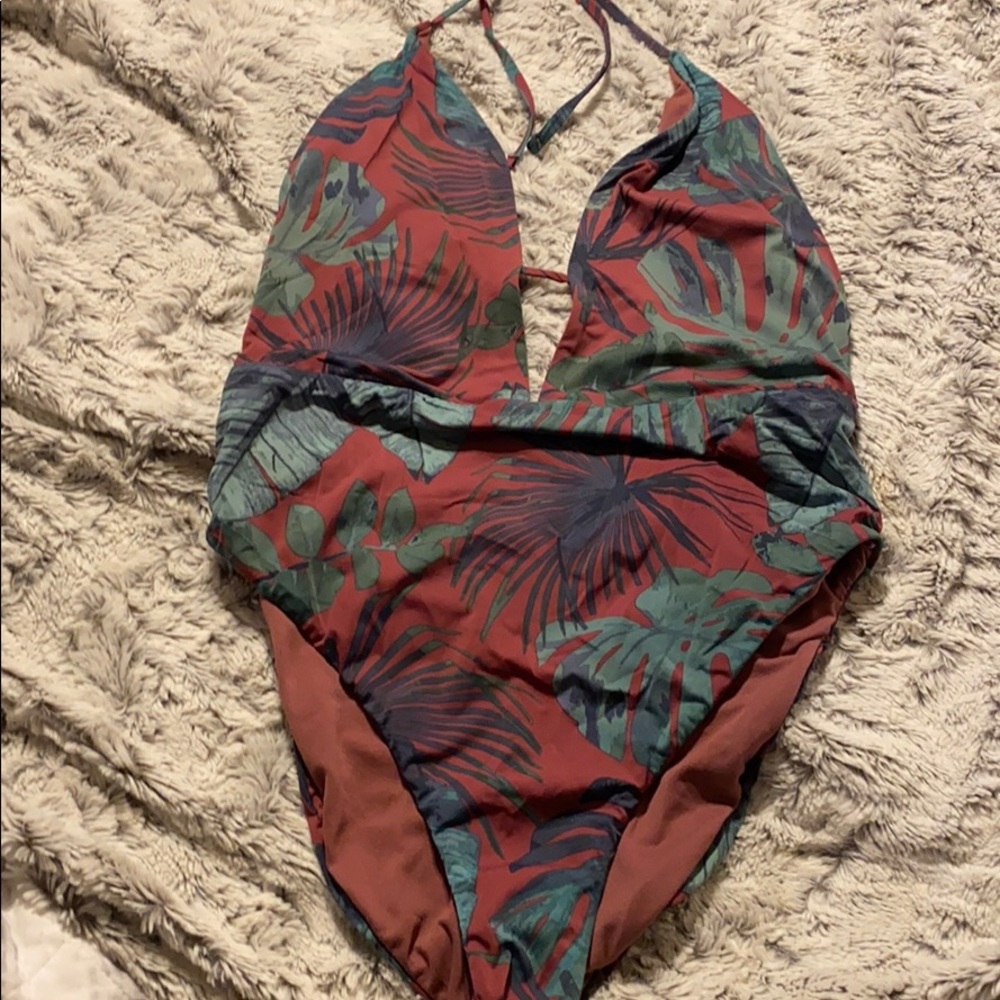 Floral ruched back high waisted one piece